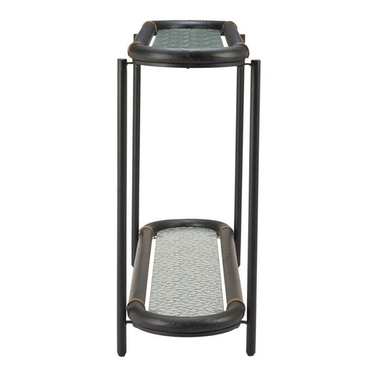 52" Black and Clear Glass Solid Wood and Steel Oval Console Table With Shelf