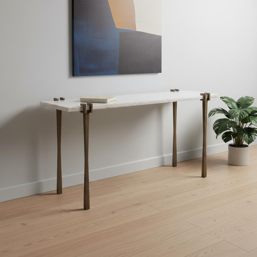 55" White and Bronze Genuine Marble and Iron Console Table