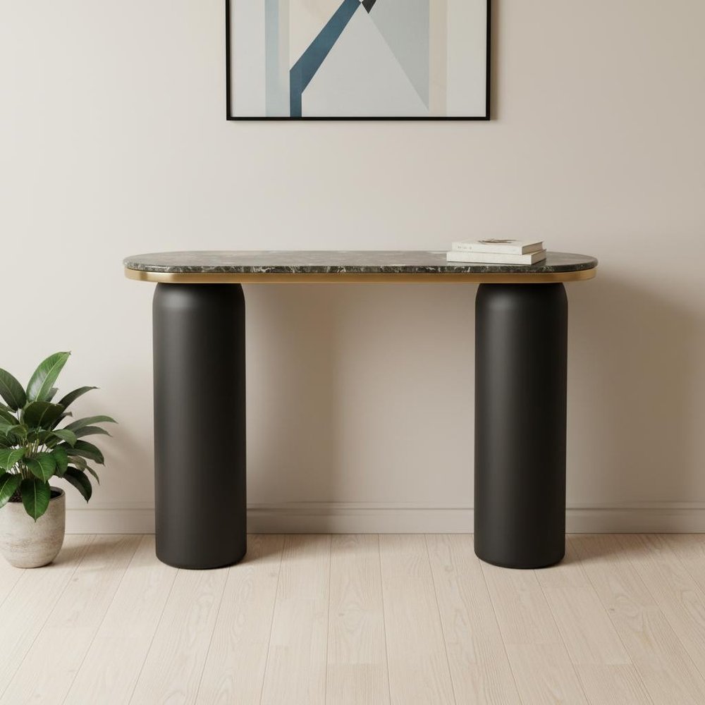 43" Black and Gold Genuine Marble and Steel Double Pedestal Console Table