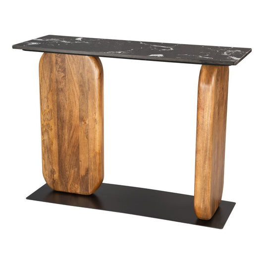 43" Black and Brown Genuine Marble and Solid Wood Solid Console Table