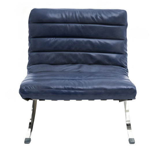 29" Blue and Silver Tufted Leather and Upholstered Folding Lounge Chair