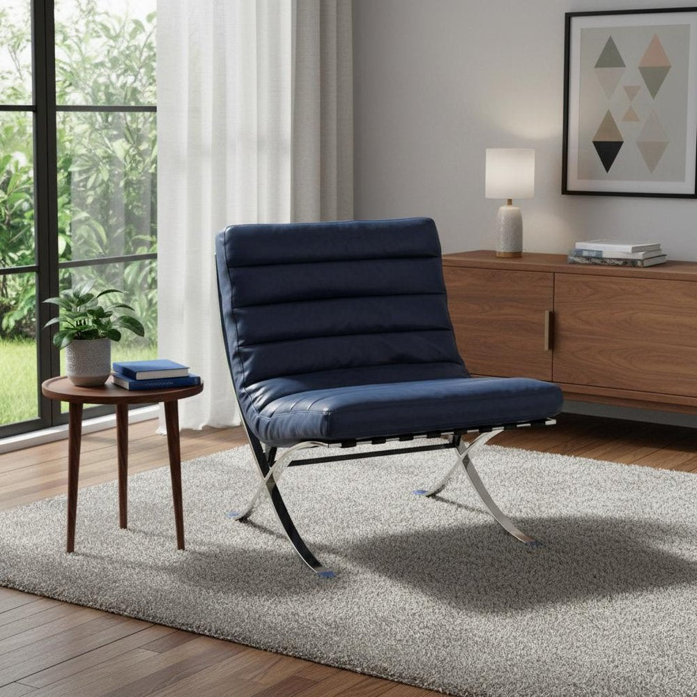 29" Blue and Silver Tufted Leather and Upholstered Folding Lounge Chair