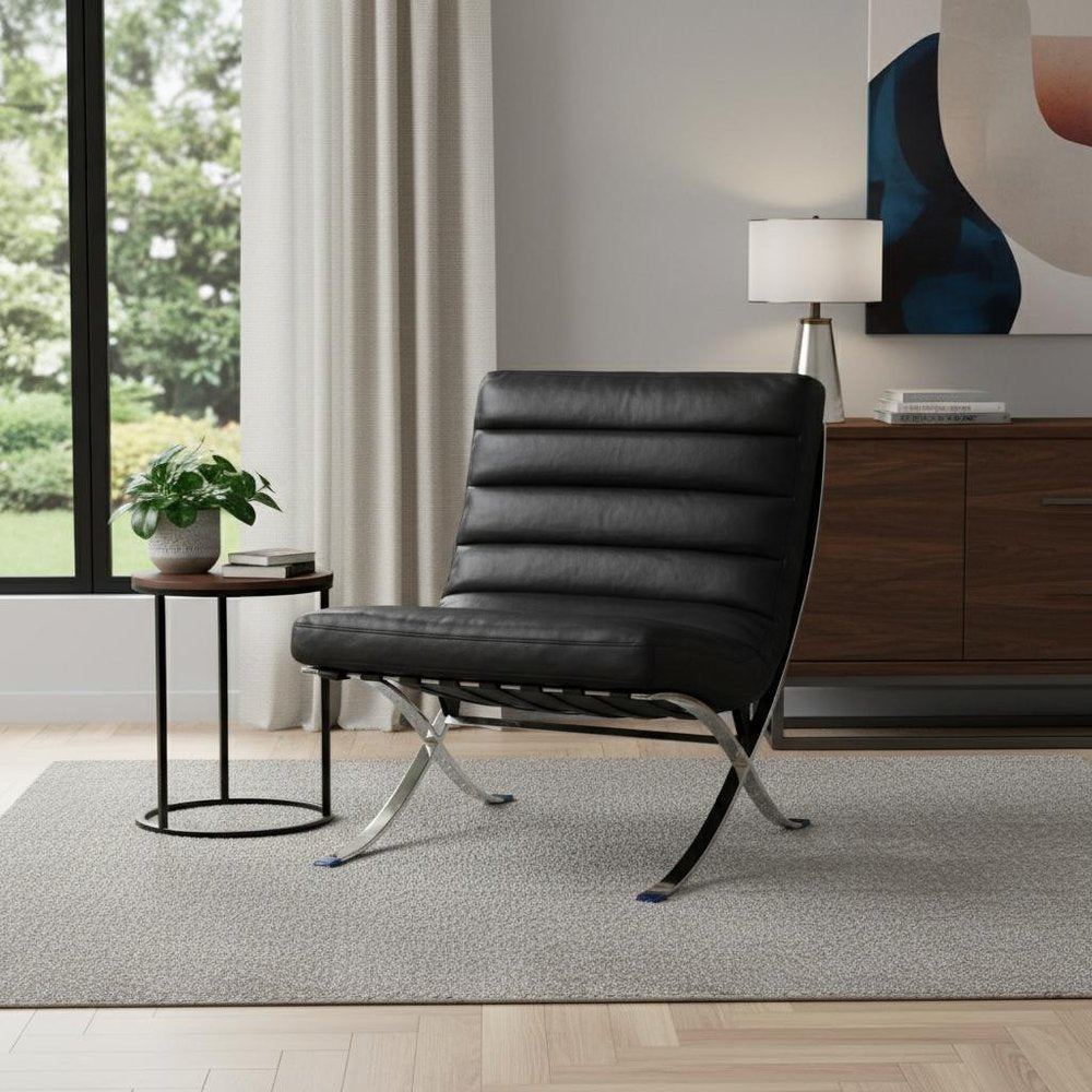 29" Black and Silver Tufted Leather and Upholstered Folding Lounge Chair