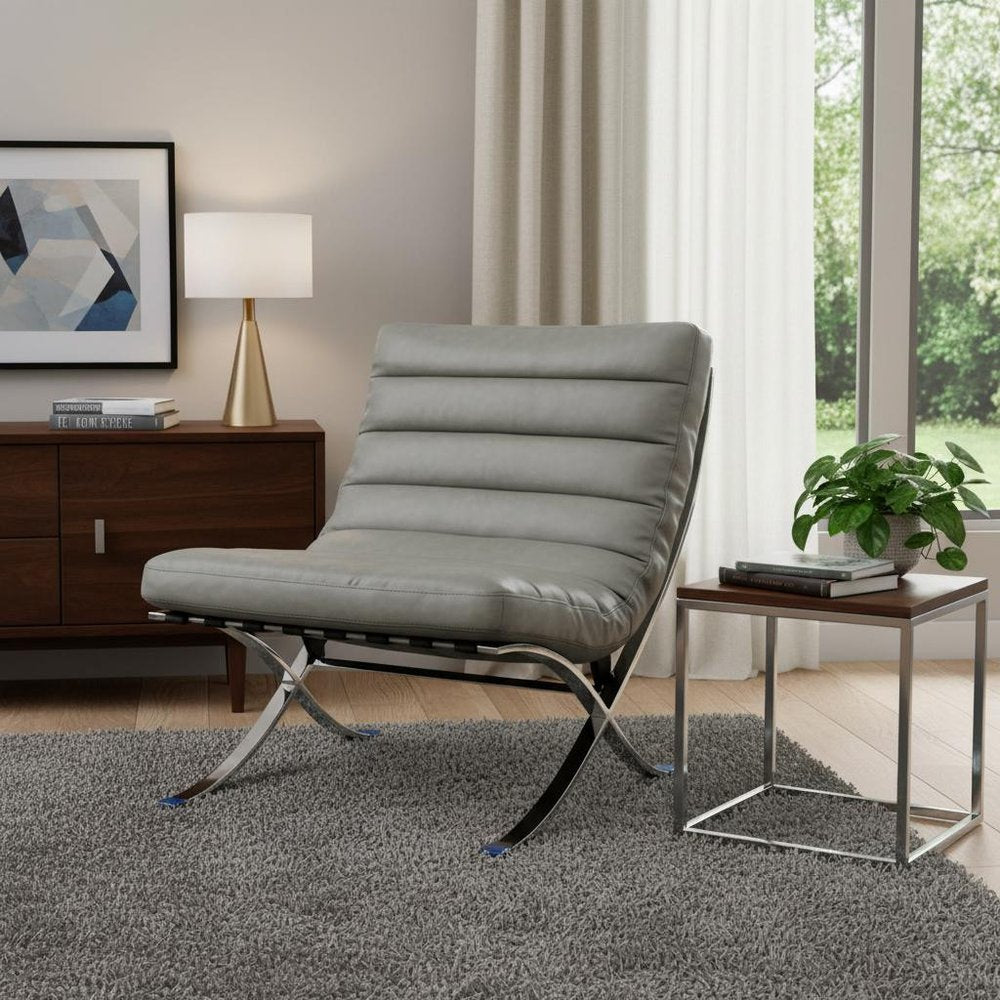 29" Gray and Silver Tufted Leather and Upholstered Folding Lounge Chair