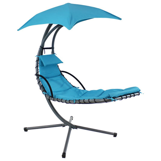 74" Silver Steel Outdoor Floating Chaise Lounge with Teal Blue Cushion And Canopy