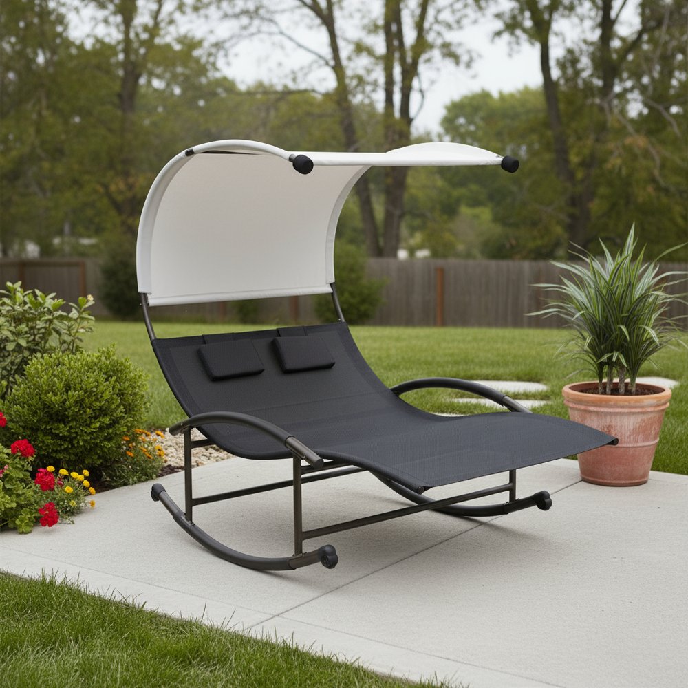 70" Black Steel Sling Outdoor Rocking Chaise Lounge With Canopy