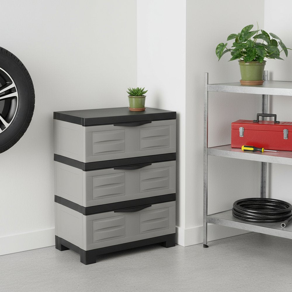 30" Gray And Black Heavy Duty Plastic Three Drawer Utility Cabinet