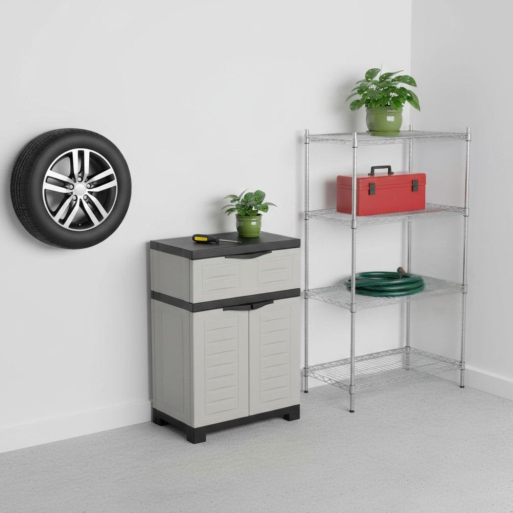 24" Gray Plastic Accent Cabinet With Two Doors And One Drawer