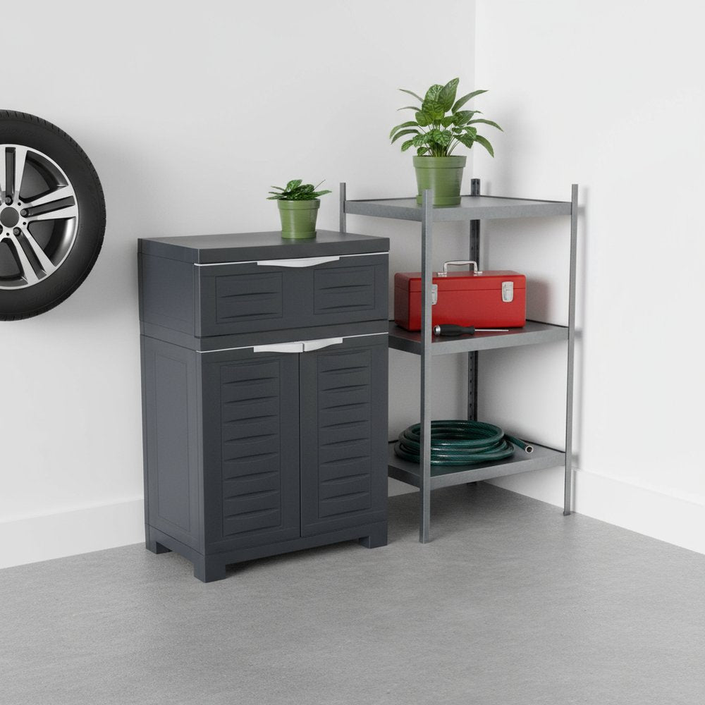 24" Charcoal Plastic Accent Cabinet With Two Doors And One Drawer