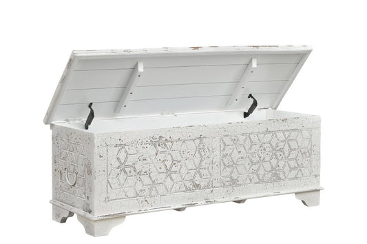 52" White Rustic Solid Wood Geometric Storage Ottoman