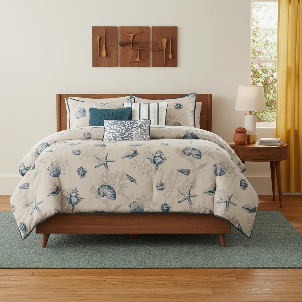 Set of Seven Blue And Ivory King Ring Stitch Sham And Comforter