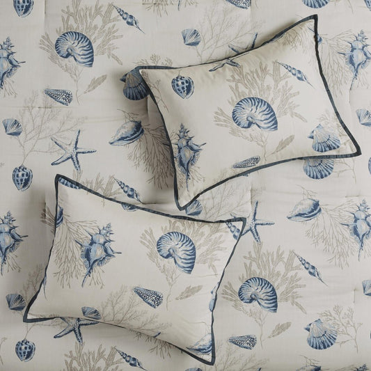 Set of Seven Blue And Ivory Shells and Starfish King Ring Stitch Comforter And Sham