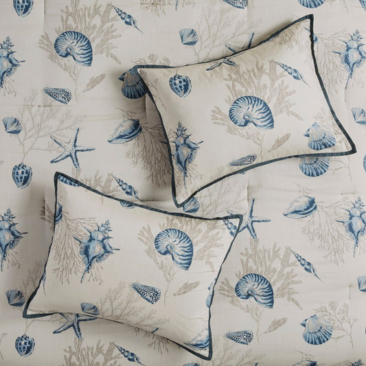 Set of Seven Blue And Ivory Shells and Starfish King Ring Stitch Comforter And Sham