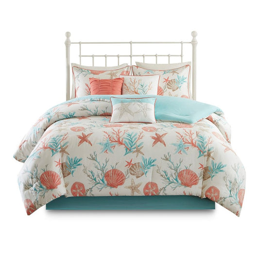 Set of Seven Aqua And Coral King Ring Stitch Sham And Comforter