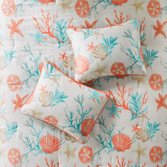 Set of Seven Aqua And Coral King Ring Stitch Sham And Comforter