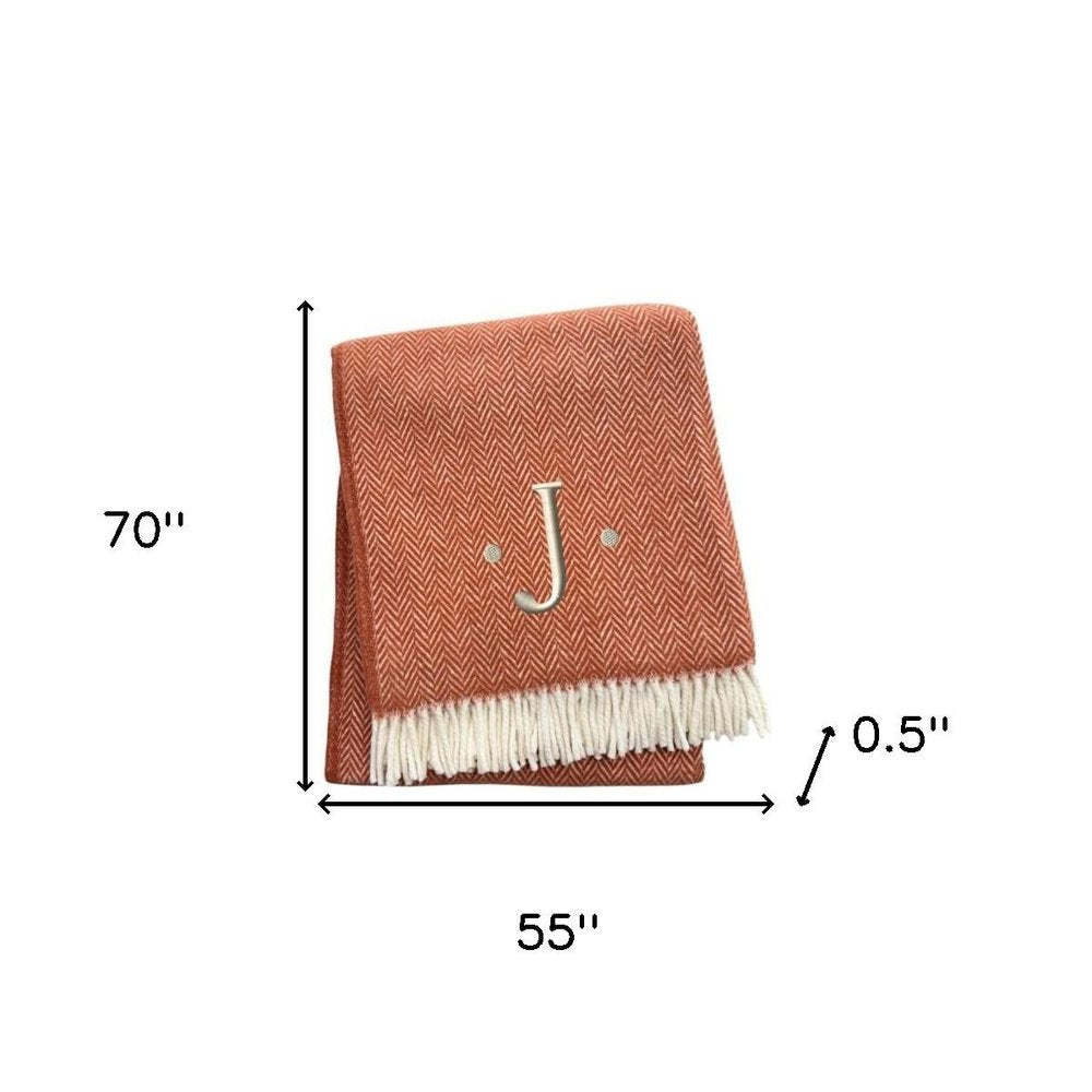 55" X 70" Terra Cotta And White Herringbone Cotton Blend S Initial Throw Blanket with Tassels And Embroidery