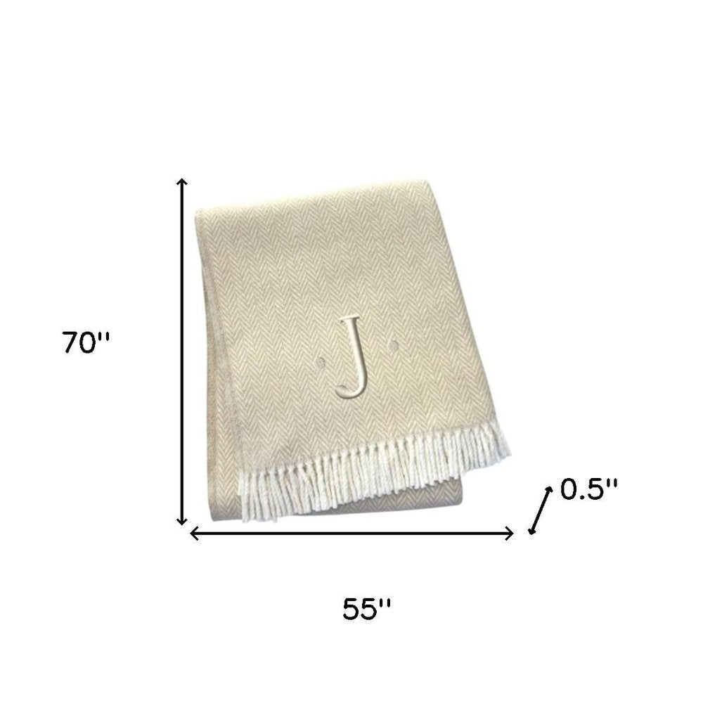 55" X 70" Linen And White Herringbone Cotton Blend S Initial Throw Blanket with Tassels And Embroidery