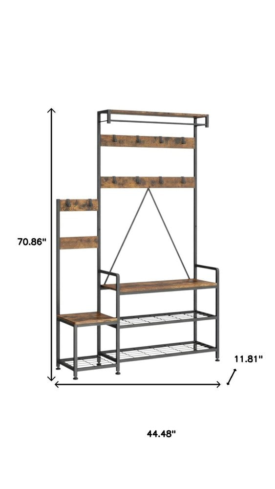 71" Black And Brown Rustic Ten Hook Coat Rack Storage Bench
