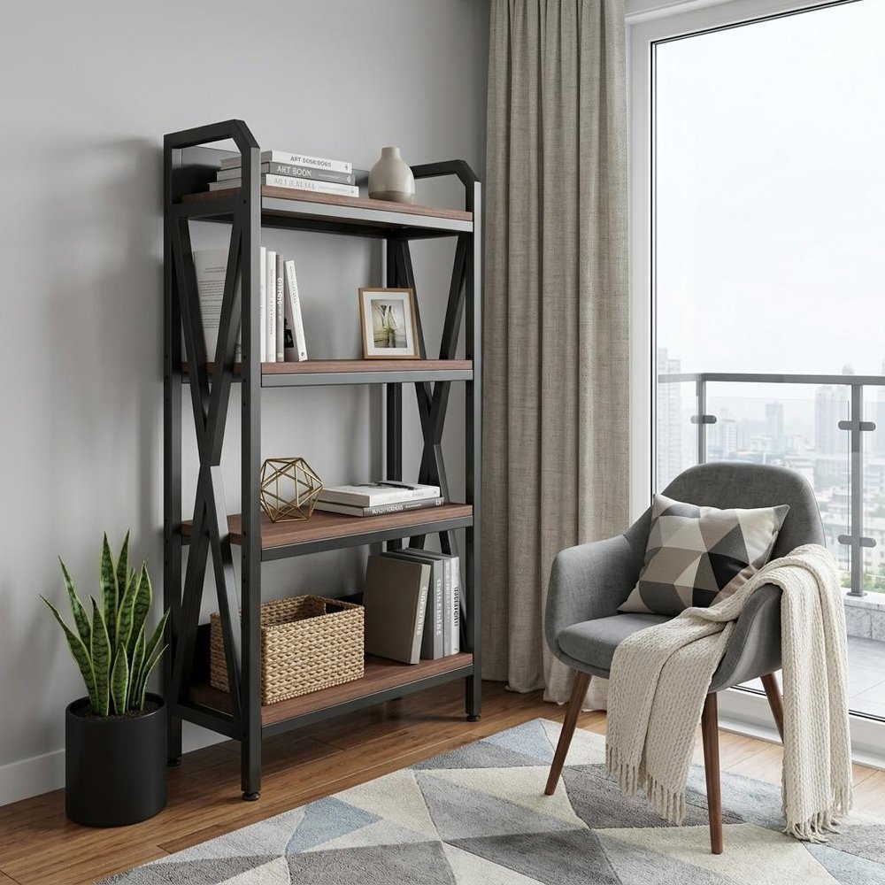 56" Black And Brown Metal and Wood Four Tier Etagere Bookcase