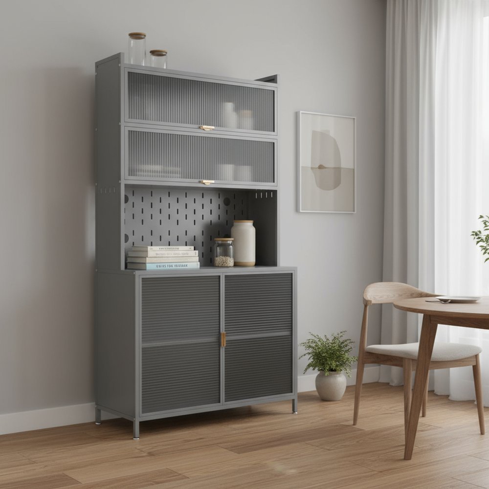73" Gray Stainless Steel Textured Door Dining Hutch With Two Doors