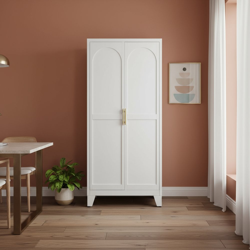 71" White Steel Pantry Or Storage Closet With Arched Panel Doors