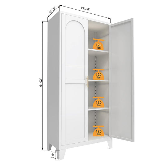 71" Cream Stainless Steel Locking Pantry Or Storage Closet With Arched Panel Doors