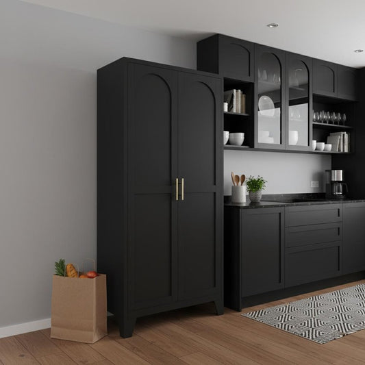 61" Black Stainless Steel Pantry Or Storage Closet With Arched Panel Doors