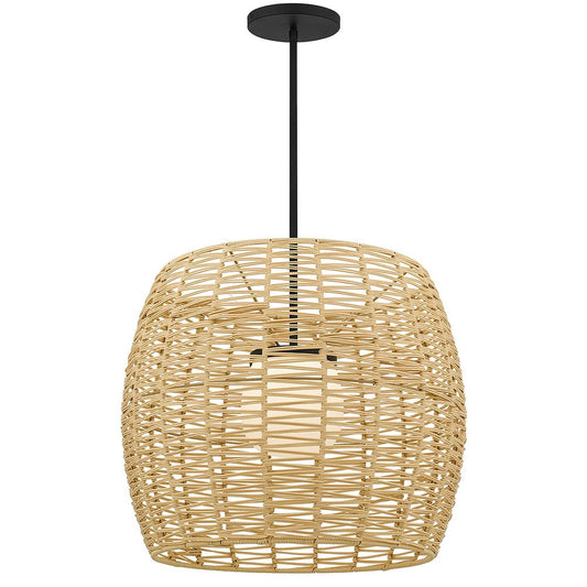 Natural And Black Rattan And Metal LED Dimmable Barrel Outdoor Hanging Pendent Light