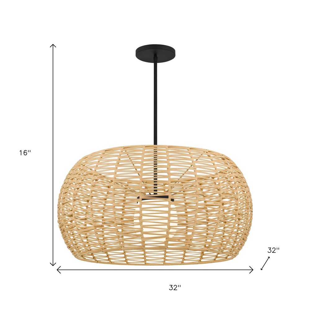 Natural And Black Rattan And Metal LED Dimmable Outdoor Hanging Pendent Light