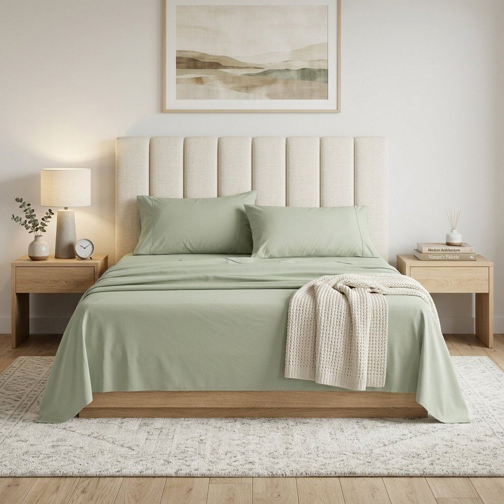 Four Piece Sage Cotton Queen Sheet Set