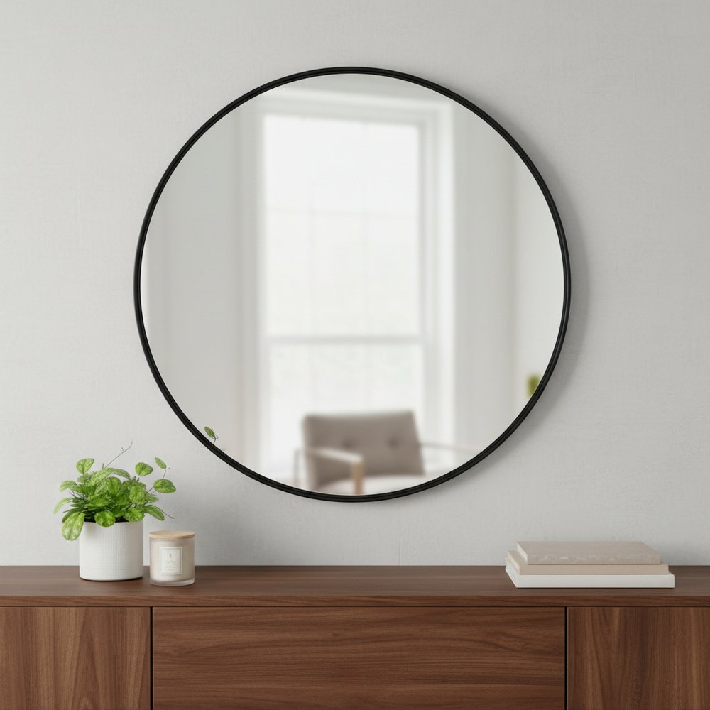 24" Black Round Framed Accent Mirror