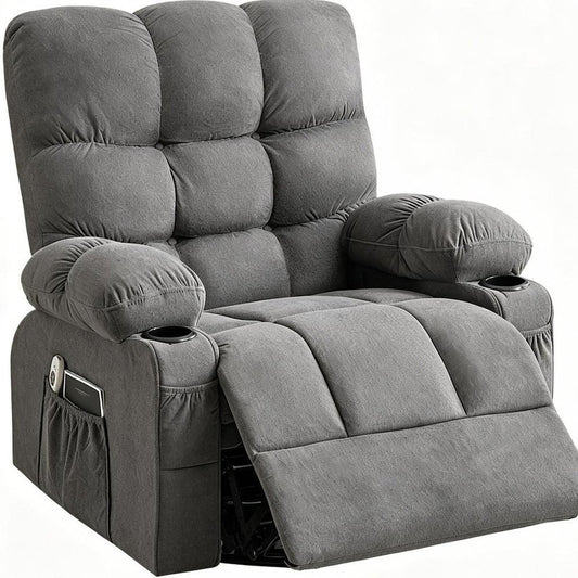 39" Gray Tufted Chenille Heated Massage Manual Rocker And Swivel Recliner With USB