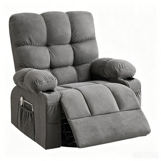 39" Gray Tufted Chenille Heated Massage Manual Rocker And Swivel Recliner With USB