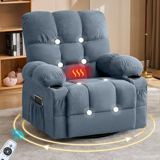 39" Blue Tufted Chenille Heated Massage Manual Rocker And Swivel Recliner With USB