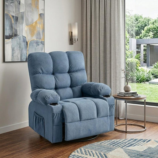 39" Blue Tufted Chenille Heated Massage Manual Rocker And Swivel Recliner With USB