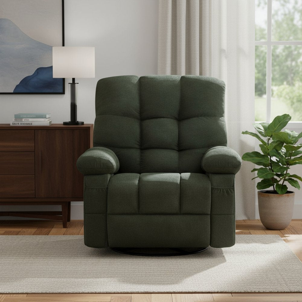 39" Dark Green Tufted Chenille Rocker And Swivel Heated Massage Manual Recliner With USB