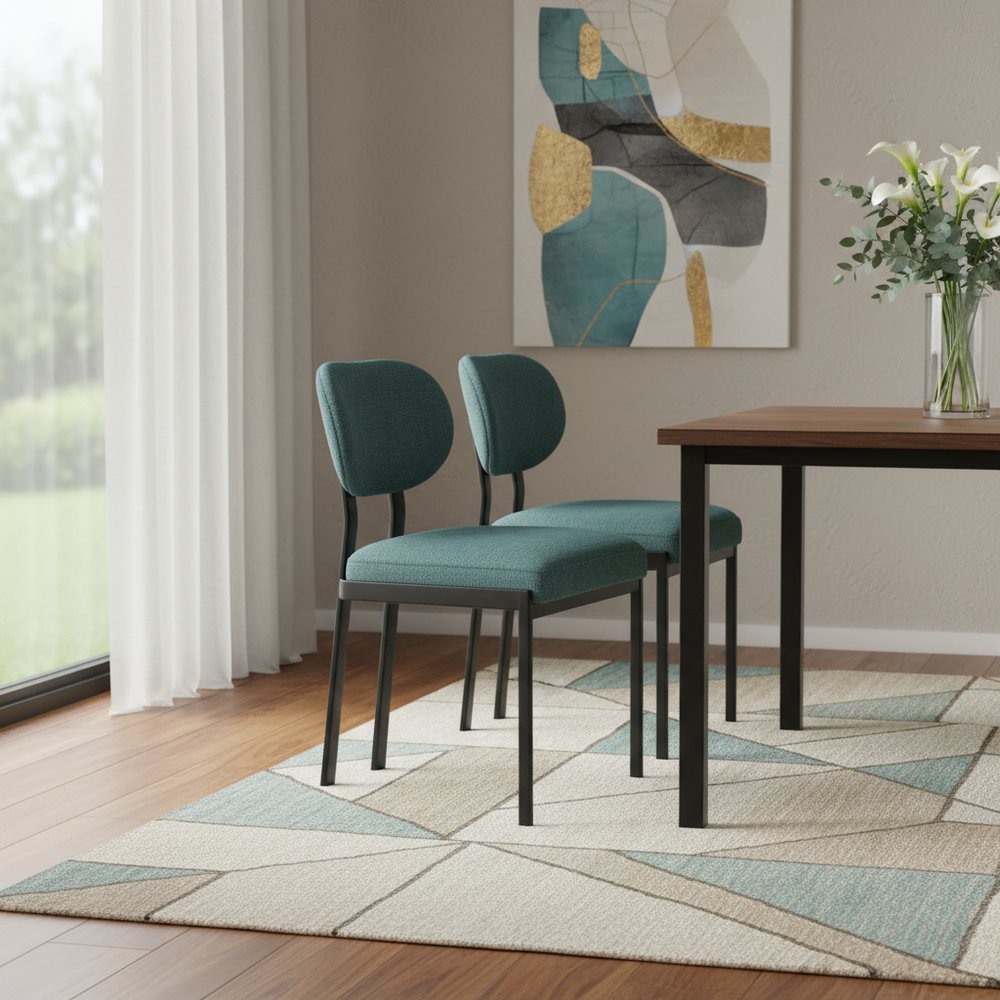 Set of Two Green and Black Chenille And Metal Partially Open Back Dining Side Chairs