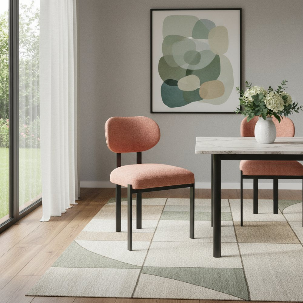 Set of Two Salmon and Black Chenille And Metal Partially Open Back Dining Side Chairs