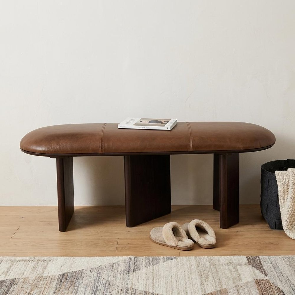 48" Brown Genuine Leather and Solid Wood Upholstered Bench