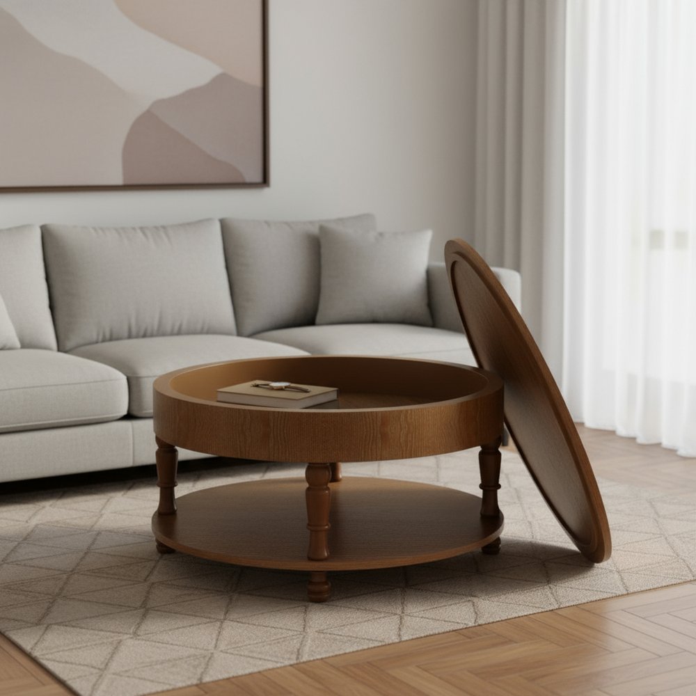 32" Natural Wood Round Coffee Table With Hidden Storage And Shelf