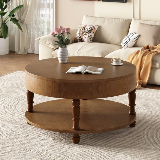 32" Natural Wood Round Coffee Table With Hidden Storage And Shelf