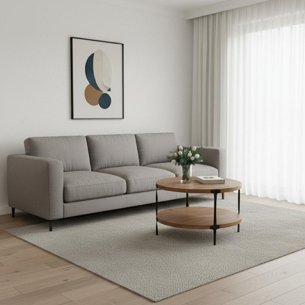 31" Walnut and Black Wood and Steel Round Coffee Table With Shelf