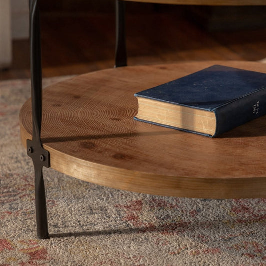 31" Walnut and Black Wood and Steel Round Coffee Table With Shelf
