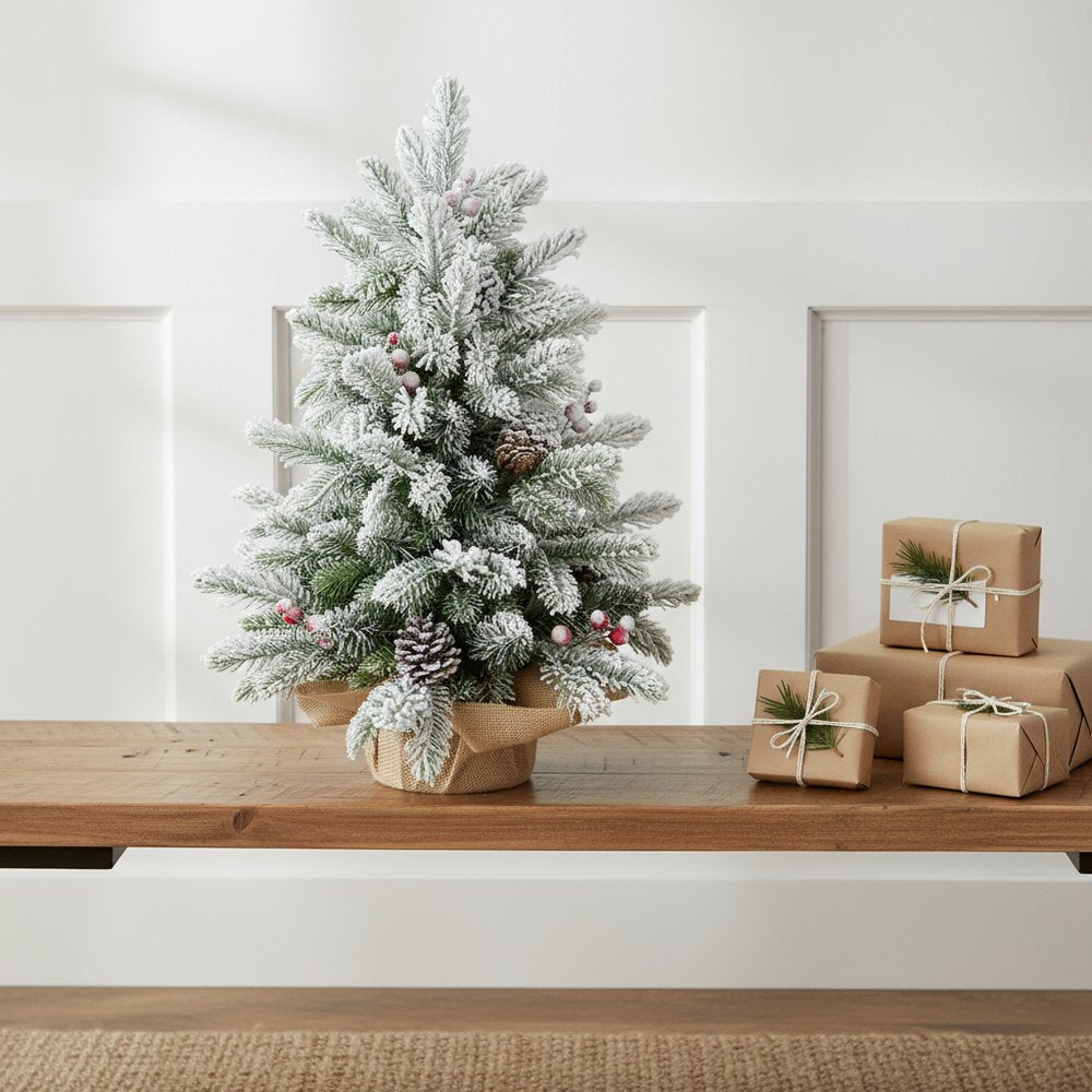 3' Flocked Fir Christmas Tree With Burlap Base And Decorations