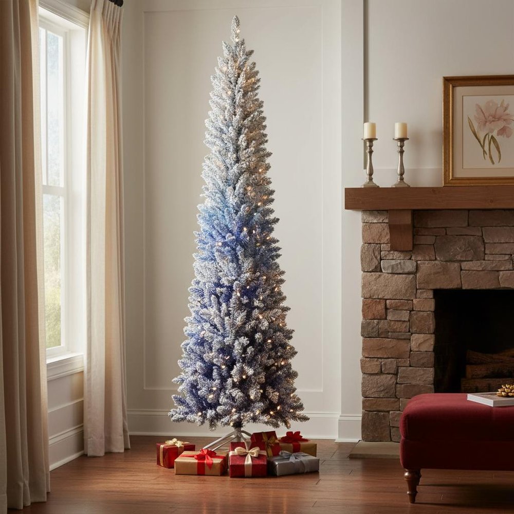 6' Blue And White Pre Lit Slender Flocked Christmas Tree