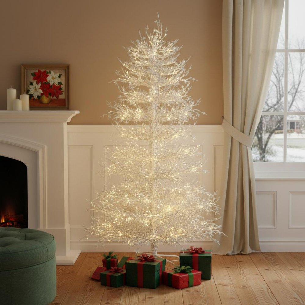 6' White Pre Lit Full Frosted Spruce Christmas Tree