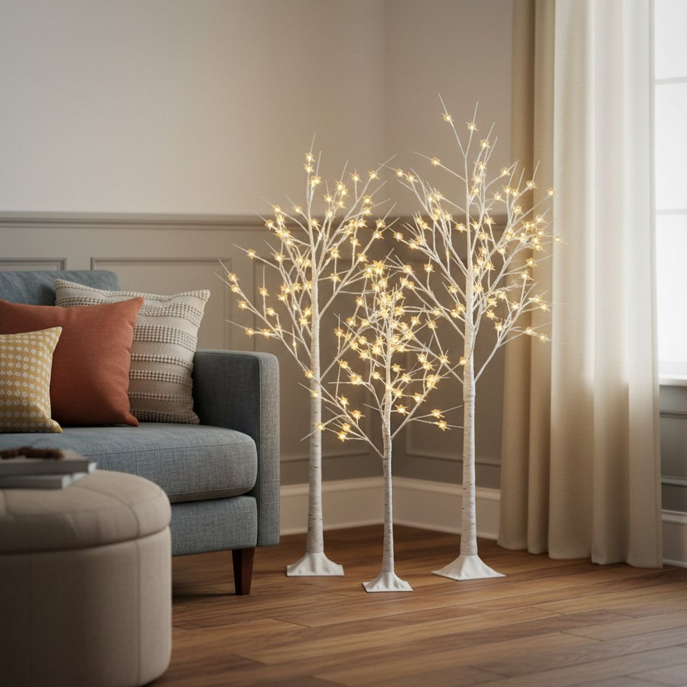 Set Of Three White Pre Lit Sparse Birch Trees