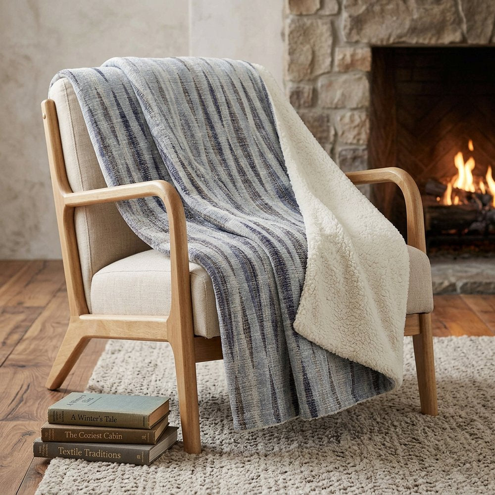 50" X 70" Pacific Blue And Brown Striped Polyester Woven Plush Throw Blanket