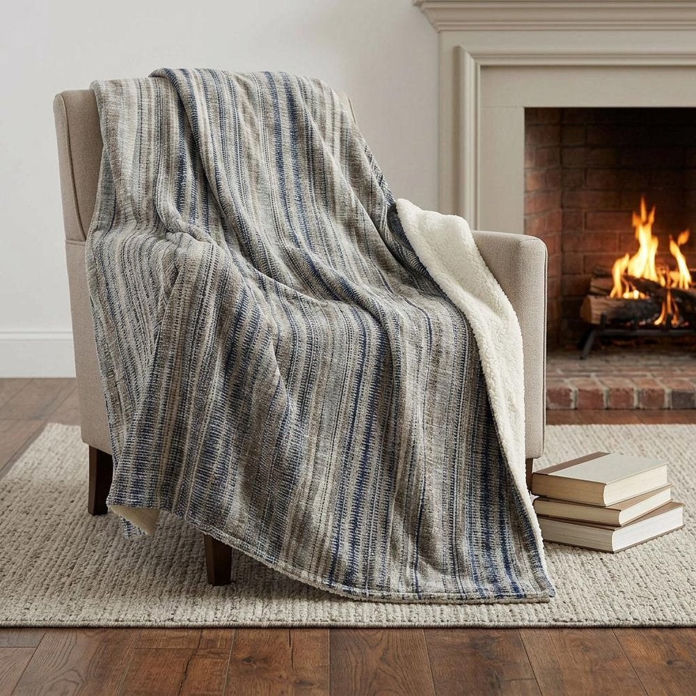 50" X 70" Brown And Blue Striped Plush Throw Blanket