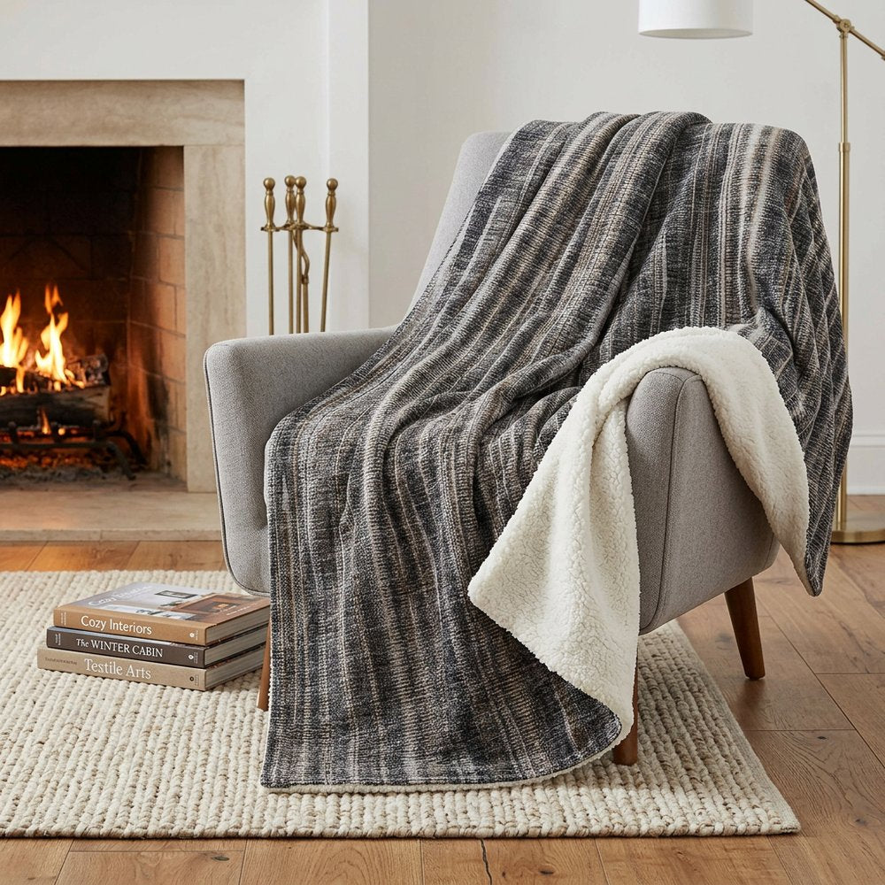 50" X 70" Brown And Beige Striped Polyester Woven Plush Throw Blanket